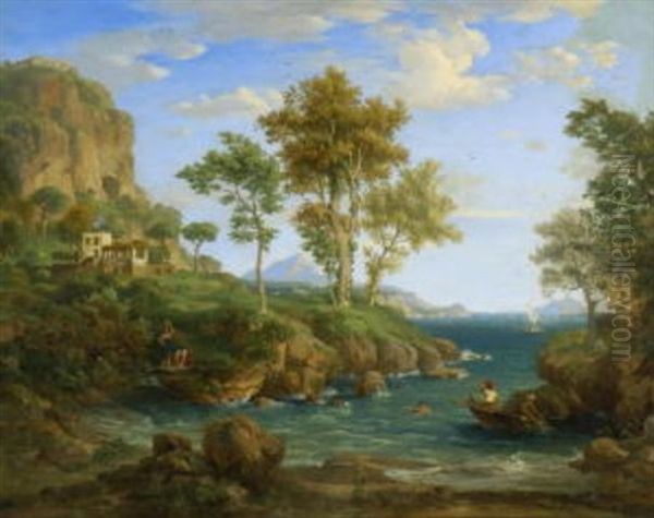 Italienische Kustenlandschaft Mit Fischern Und Wascherinnen Oil Painting by Emil Lugo