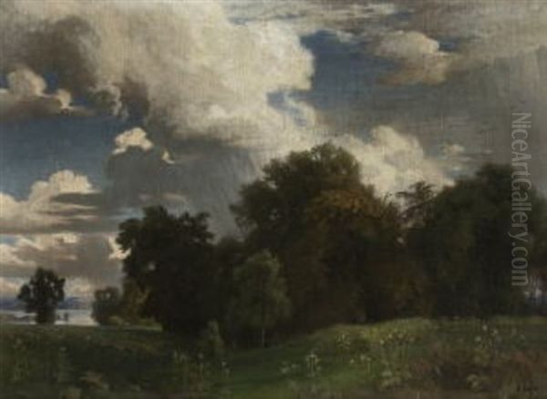 Gewitterstimmung Uber Einer Baumlandschaft Am See. Lugo Gewitterwolke Angekauft Im Glaspalast Munchen Oil Painting by Emil Lugo