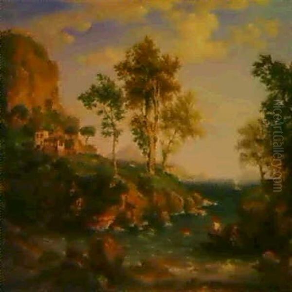 Italienische Kustenlandschaft Mit Fischern Im Nachen Und    Wascherinnen Am Ufer Vorn Oil Painting by Emil Lugo