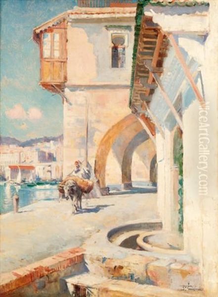 Algerien Sur Son Ane Sur Le Port D'alger Oil Painting by Ferdinand-Jean Luigini