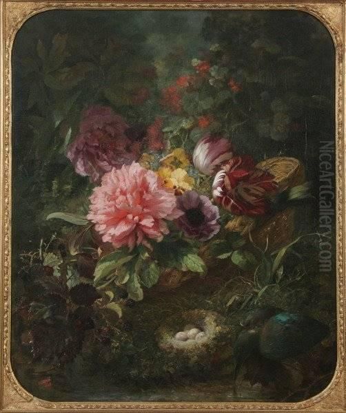 Still Life With Flowers, Bird Eggs, And Blackberries Oil Painting by Suzanne Estelle Beranger-Apoil