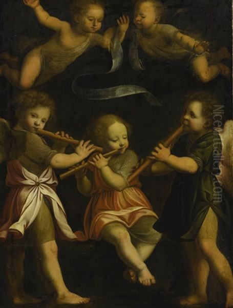 Three Flute Playing Angels With Two Putti In Flight Above Oil Painting by Bernardino Luini