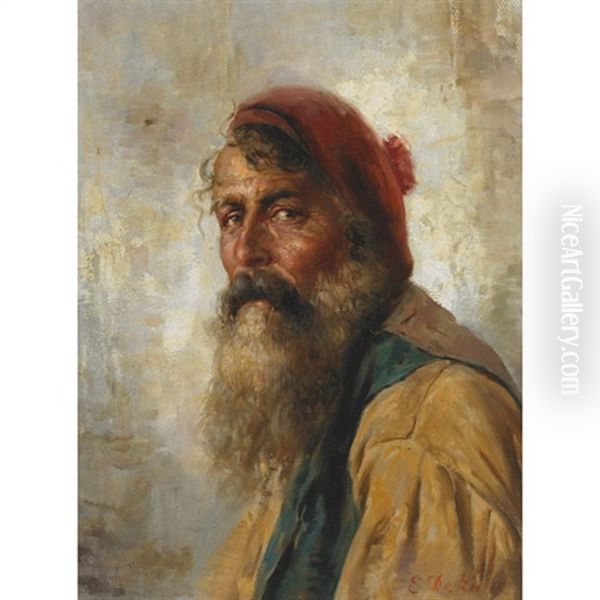 Neopolitan Water Carrier (+ A Fisherman In Red Tam; Pair) Oil Painting by Enrico De Luise