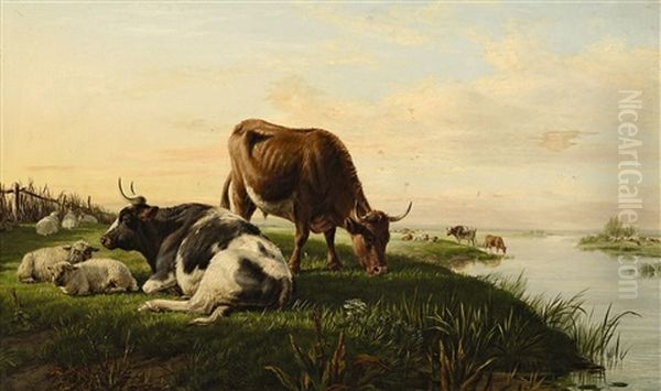 Kuhe Und Schafe Auf Der Weide Oil Painting by William Luker Sr.