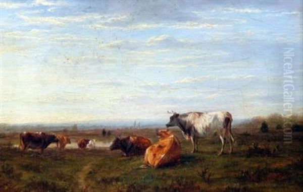 Cattle Grazing In River Landscape Oil Painting by William Luker Sr.