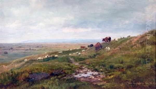 Cattle And Sheep Grazing In Open Landscape Oil Painting by William Luker Sr.