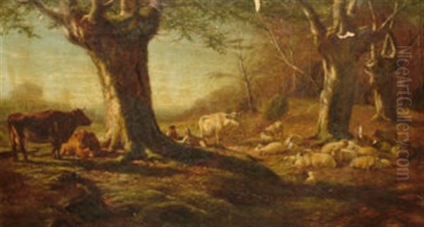 Drovers Resting In A Wooded Landscape Oil Painting by William Luker Sr.