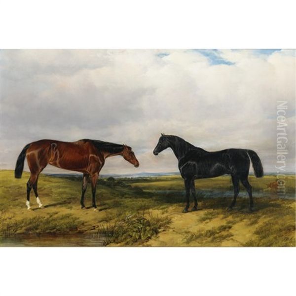 Two Horses In An Extensive Landscape Oil Painting by William Luker Sr.