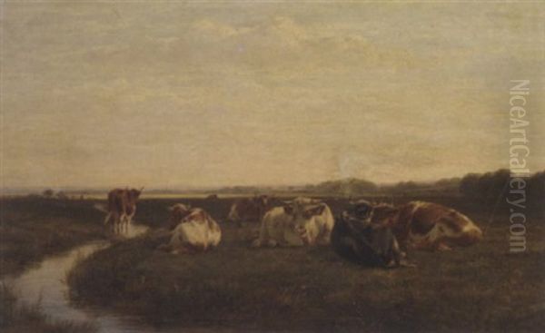 Cattle In A Watermeadow Oil Painting by William Luker Sr.