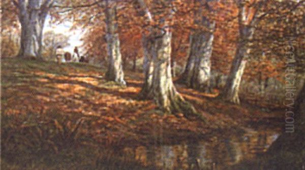 Figures In An Autumnal Landscape Oil Painting by William Luker Sr.