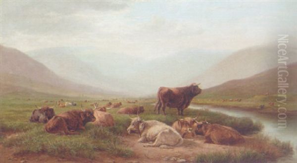 Highland Cattle Resting In A Mountainous Landscape Oil Painting by William Luker Sr.