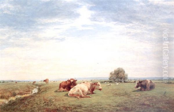 Cattle In A Water Meadow Oil Painting by William Luker Sr.