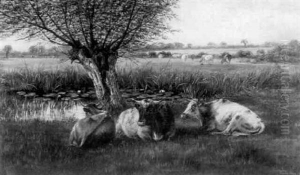 Cattle Resting Before A Pond Oil Painting by William Luker Sr.