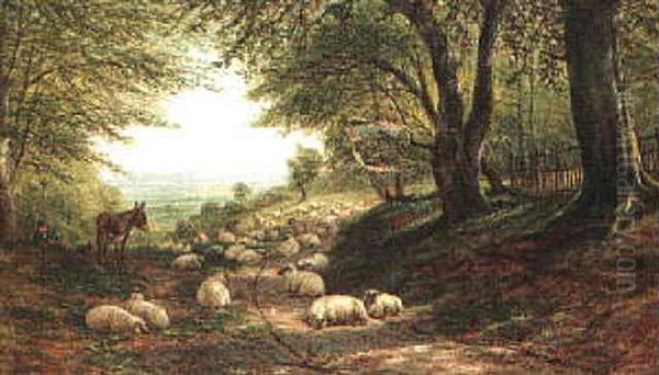 Shepherd And Sheep Resting Oil Painting by William Luker Sr.