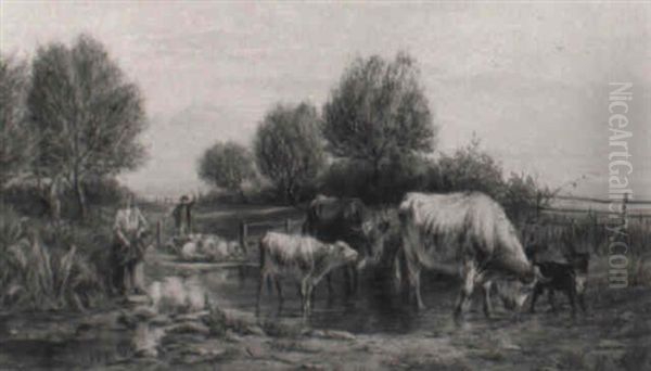 Cattle And Sheep Crossing A Ford On A Summer's Day Oil Painting by William Luker Sr.