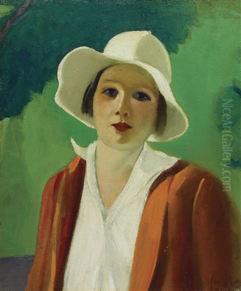 Sketch Of Lady In A White Hat Oil Painting by George Benjamin Luks