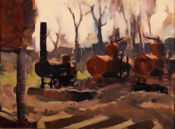 Three Engines In An Industrial Landscape Oil Painting by George Benjamin Luks