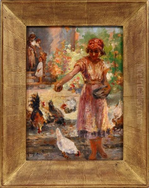 Girl Feeding Chickens Oil Painting by George Benjamin Luks