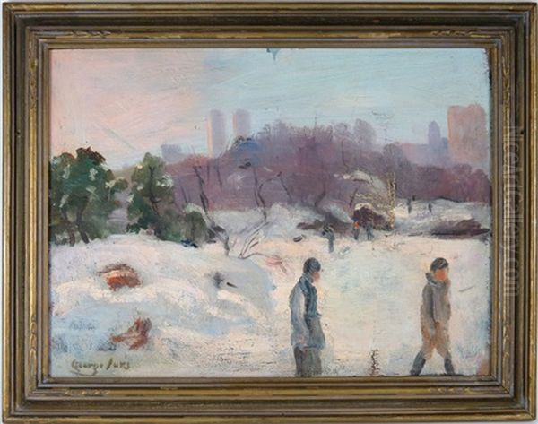 Winter Scene Central Park, Ny With Figures Oil Painting by George Benjamin Luks