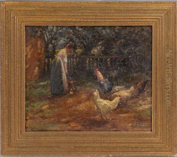 Feeding The Chickens Oil Painting by George Benjamin Luks