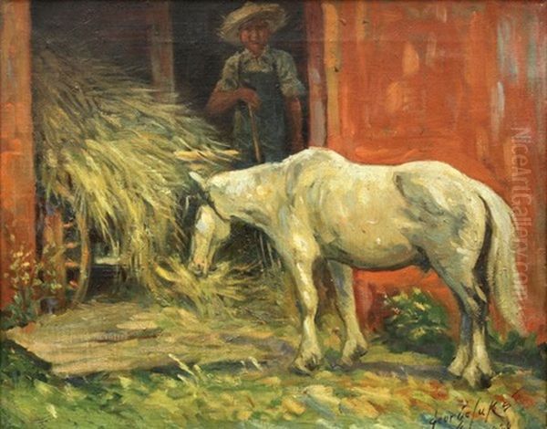 Barnyard Scene With Figure And Horse Oil Painting by George Benjamin Luks