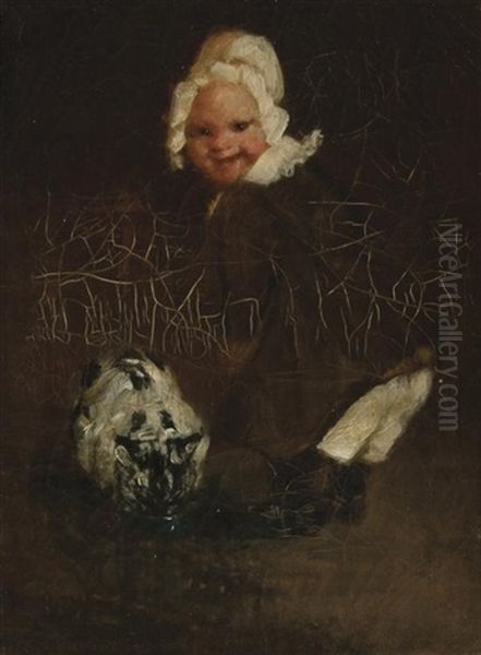 Baby With Cat Oil Painting by George Benjamin Luks