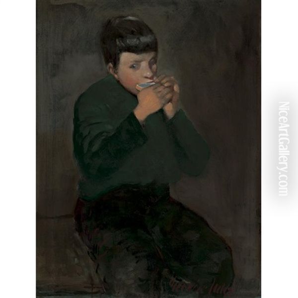 The Harmonica Player Oil Painting by George Benjamin Luks