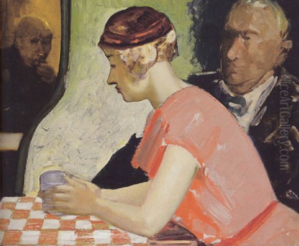 Cafe Scene -a Young Woman In A Pink Dress Oil Painting by George Benjamin Luks