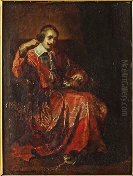 Le Cardinal De Richelieu Caressant Un Petit Chat Oil Painting by Jean Lulves