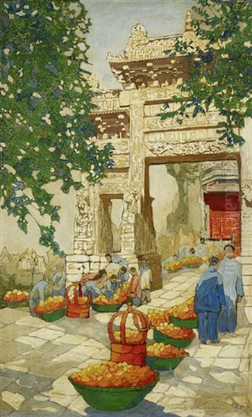 Persimmon Market Oil Painting by Bertha Boynton Lum