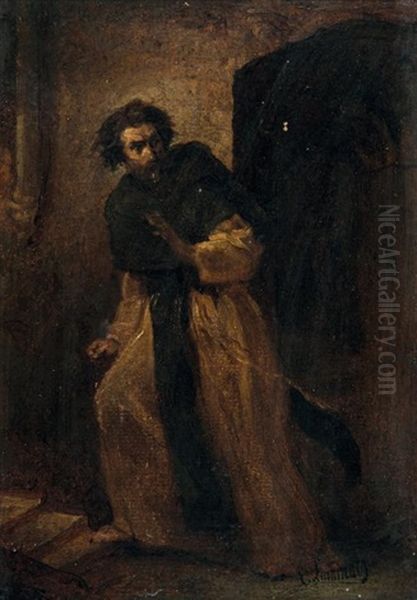 Moine Surpris Oil Painting by Evariste Vital Luminais