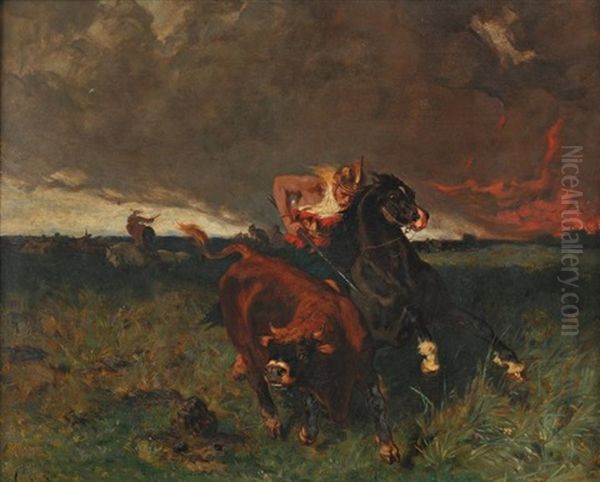 Gaulois A La Chasse Aux Taureaux Sauvages by Evariste Vital Luminais