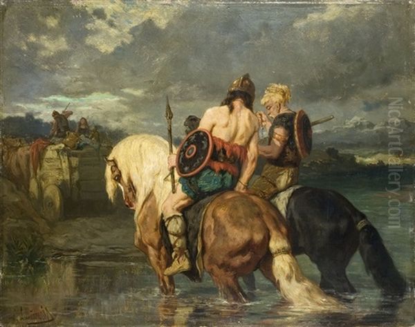 Goten Uberqueren Einen Fluss Oil Painting by Evariste Vital Luminais