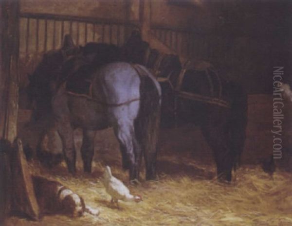 Chevaux Et Chien A L'ecurie Oil Painting by Evariste Vital Luminais