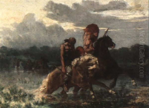 Warriors On Horseback Oil Painting by Evariste Vital Luminais