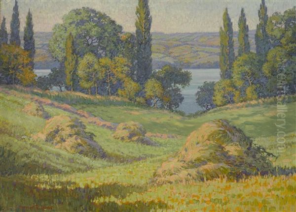 Haystacks Along The Connecticut Oil Painting by Harriet Randall Lumis