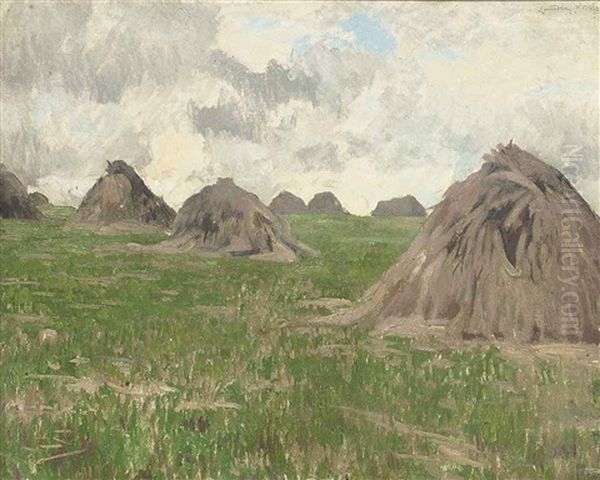 Haystacks, Near Moffat Oil Painting by Ernest S. Lumsden