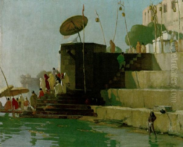 A Benares Ghat; On The Steps By The Ganges Oil Painting by Ernest S. Lumsden