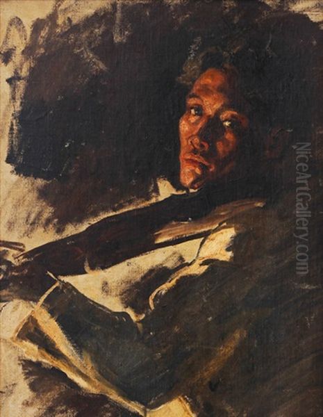 Untitled (the Violinist) Oil Painting by Juan (Count) Luna y Novicio