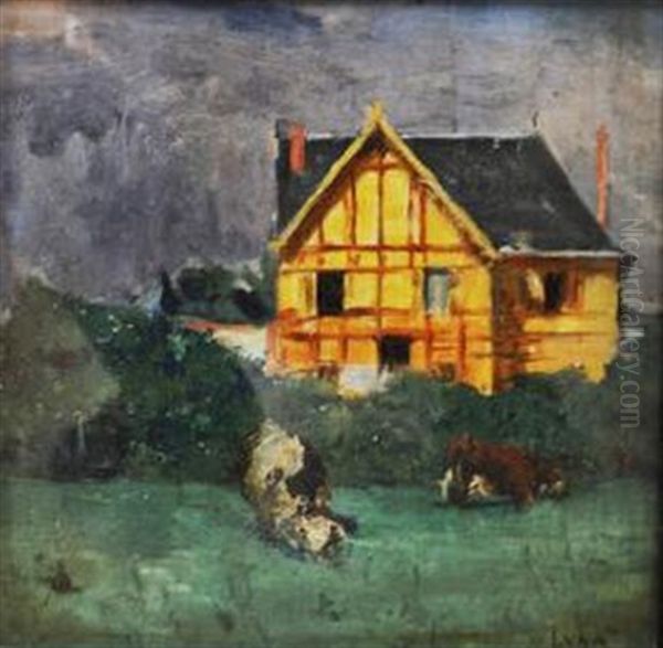 A Farm House Oil Painting by Juan (Count) Luna y Novicio