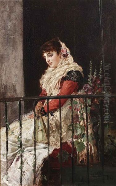 La Espanola (en El Balcon) (the Spanish Lady On The Balcony) Oil Painting by Juan (Count) Luna y Novicio