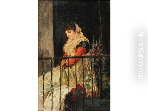 Jeune Femme A Son Balcon Oil Painting by Juan (Count) Luna y Novicio