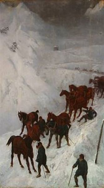 Men And Horses Passing Through An Alpine Pass In Harsh Winter Weather Oil Painting by Charles De Luna