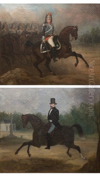 Officier Cuirassier Menant Ses Troupes (+ Gentleman A Cheval; Pair) Oil Painting by Charles De Luna