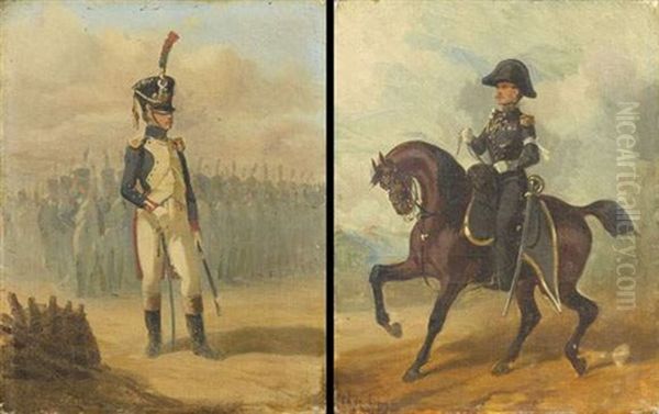 Deux Officiers A Cheval (+ Deux Officiers A Pied; 2 Works) Oil Painting by Charles De Luna