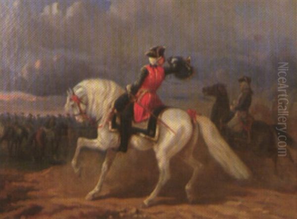 Officier A Cheval Sonnant La Charge Oil Painting by Charles De Luna