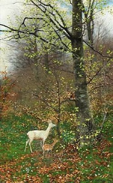 Deer In The Woods Oil Painting by Carl Ove Julian Lund