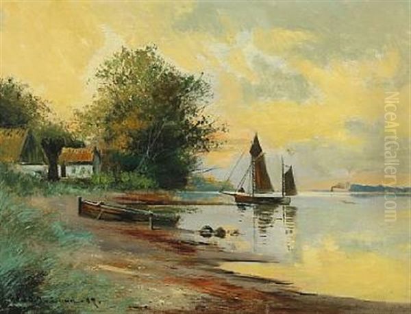 Coastal Scenery With Boats Oil Painting by Carl Ove Julian Lund