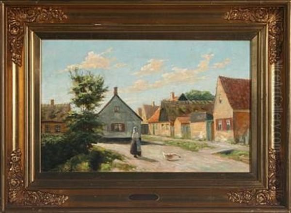 Small Village Life With A Woman And Her Goose Oil Painting by Carl Ove Julian Lund