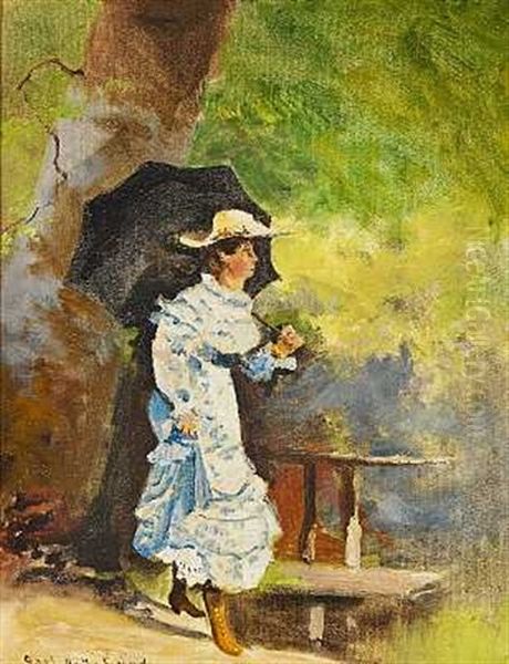 Ung Kvinde I Hvid Kjole Med Parasol Oil Painting by Carl Ove Julian Lund